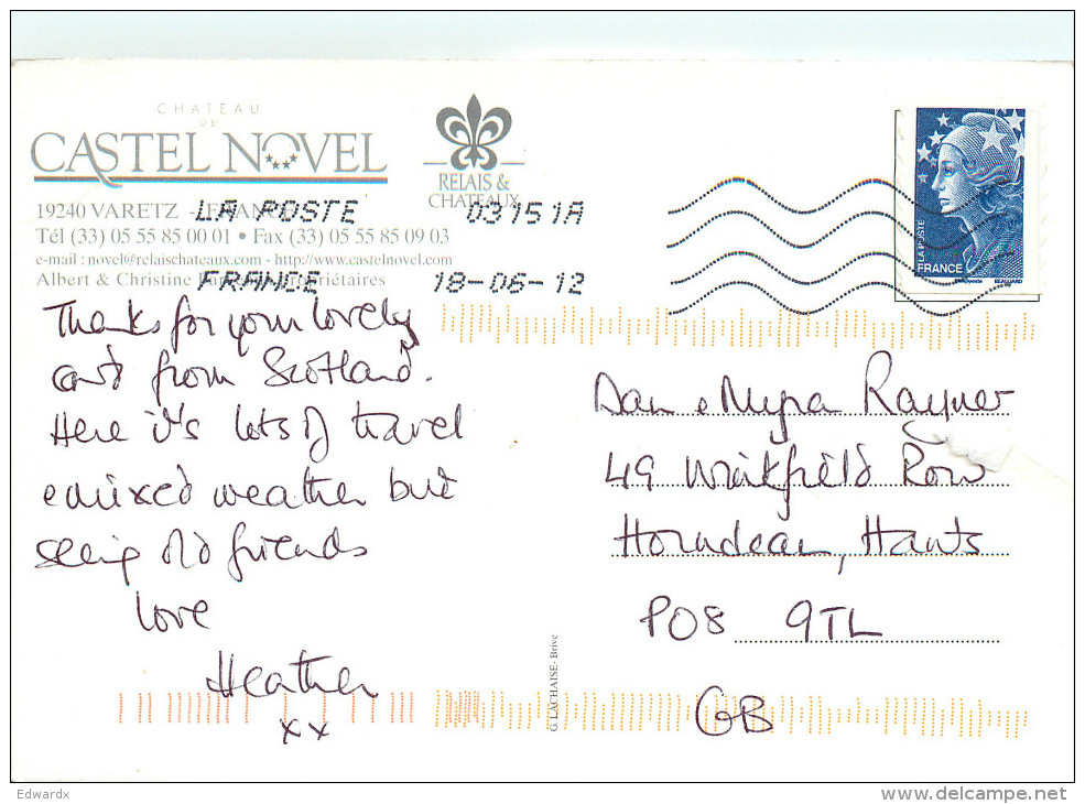 Chateau De Castel Novel Hotel, Varetz, Corrèze, France Postcard Posted 2012 Stamp - Autres & Non Classés