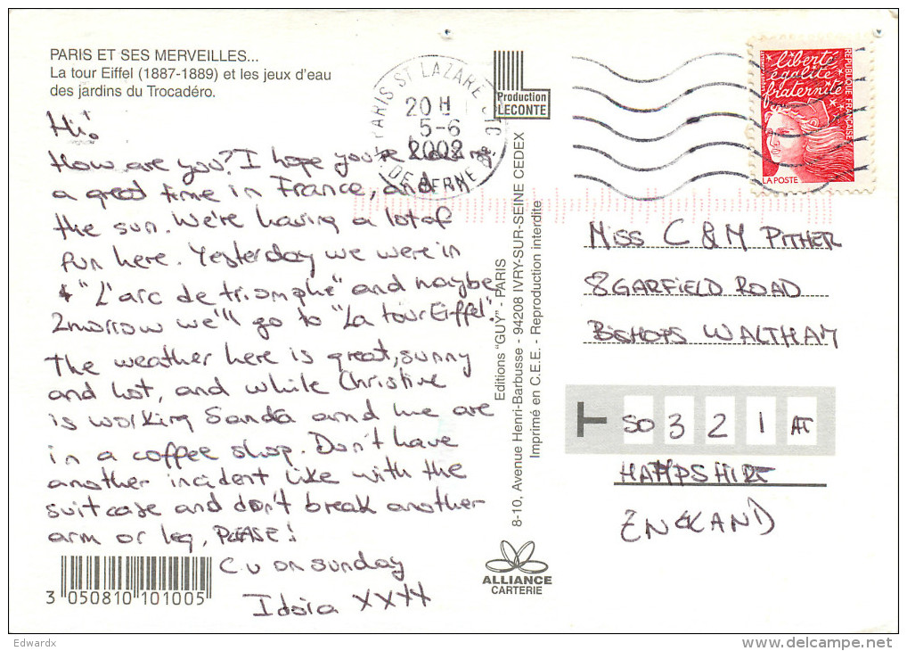 Tour Eiffel, Paris, France Postcard Posted 2002 Stamp - Tour Eiffel