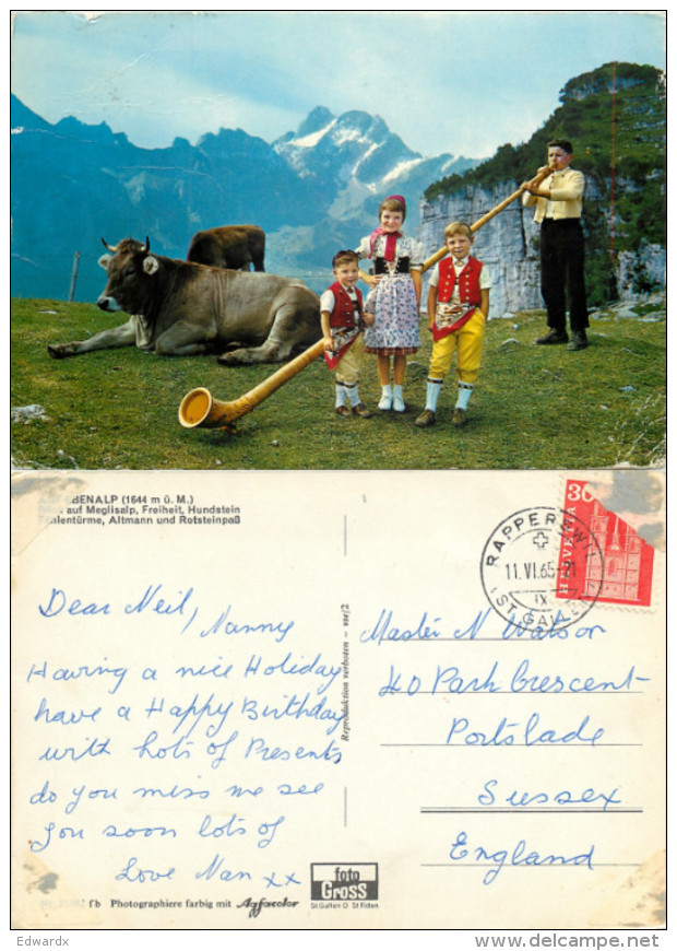Alpenhorn And Children, Ebenalp, AI Appenzell, Switzerland Postcard Posted 1965 Stamp - Appenzell
