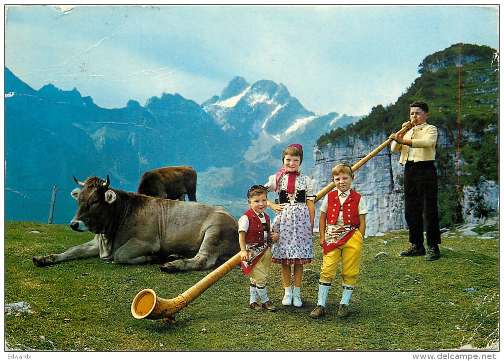 Alpenhorn And Children, Ebenalp, AI Appenzell, Switzerland Postcard Posted 1965 Stamp - Appenzell