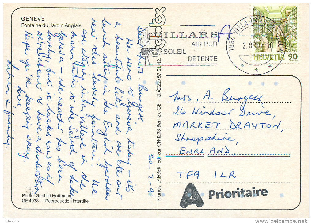 Fountain, Geneve, GE Geneve, Switzerland Postcard Posted 1991 Stamp - Genève