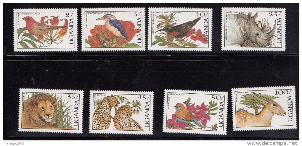 1987 Uganda Birds And Animals Kingfisher Lion Rhino Complete Set Of 8 MNH - Uganda (1962-...)