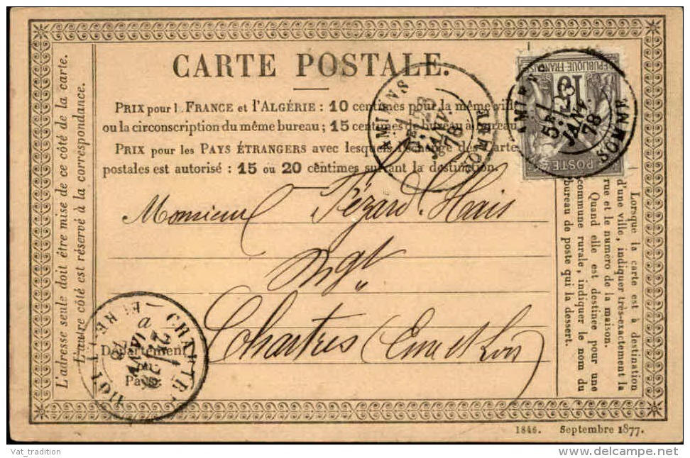 FRANCE - Carte Précurseur De Amiens Pour Chartres En 1878, Affranchissement Sage  - A Voir - L  3683 - Vorläufer