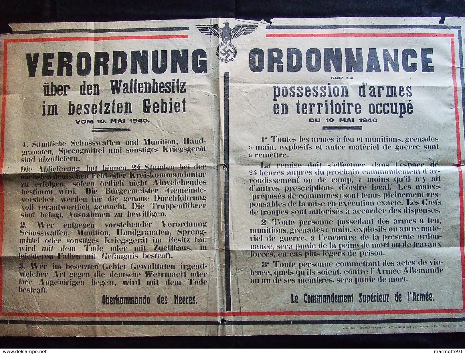 AFFICHE #1 ORDONNANCE ARMES TERRITOIRE OCCUPE MAI 1940 OBERKOMMANDO HEERES - 1939-45