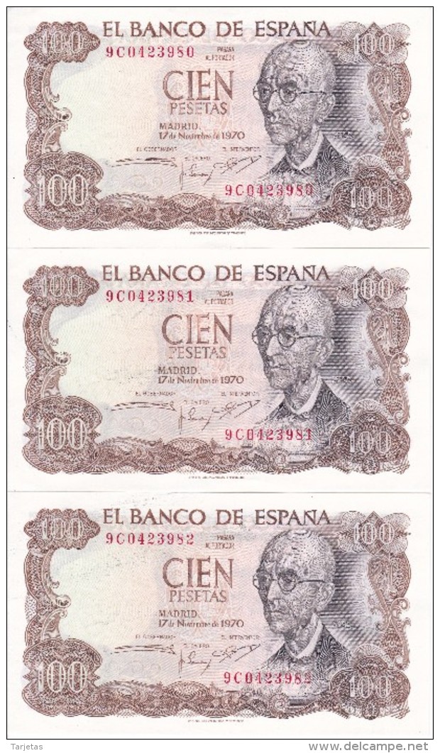 TRIO CORRELATIVO DE 100 PTAS DEL AÑO 1970 SERIE 9C (SERIE SUSTITUCION) (SIN CIRCULAR-UNCIRCULATED)(BANK NOTE) - 100 Pesetas