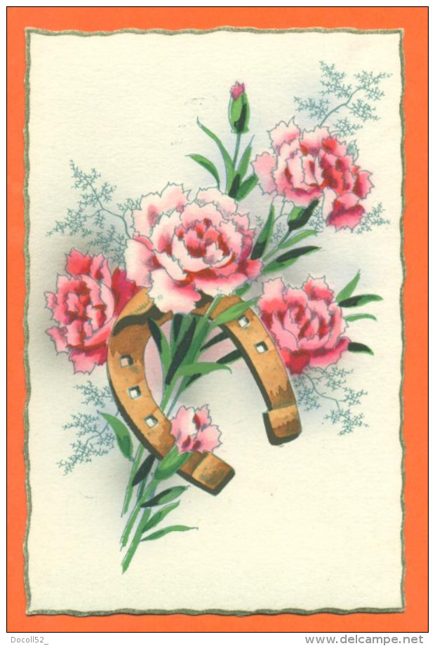 Fleurs " Oeillets Et Fer à Cheval " Carte Neuve Aquarellée - Fleurs