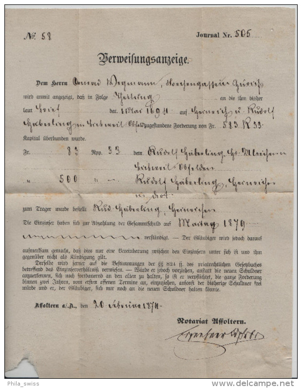 1874 Sitzende Helvetia/Helvétie Assise 30/22 - Stempel: Zürich - Verweisungsanzeige Notariat Affoltern 24.II.74 - Lettres & Documents