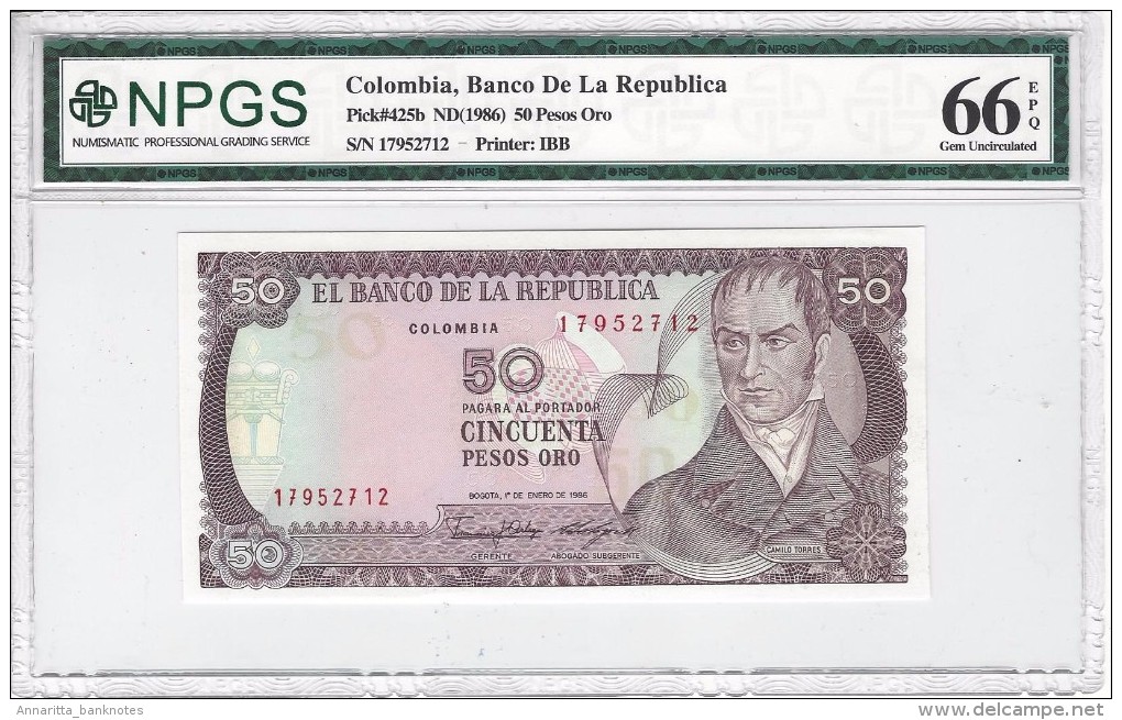 COLOMBIA 50 PESOS 1986 P-425b NPGS GEM UNC 66 EPQ  [ CO425b ] - Kolumbien