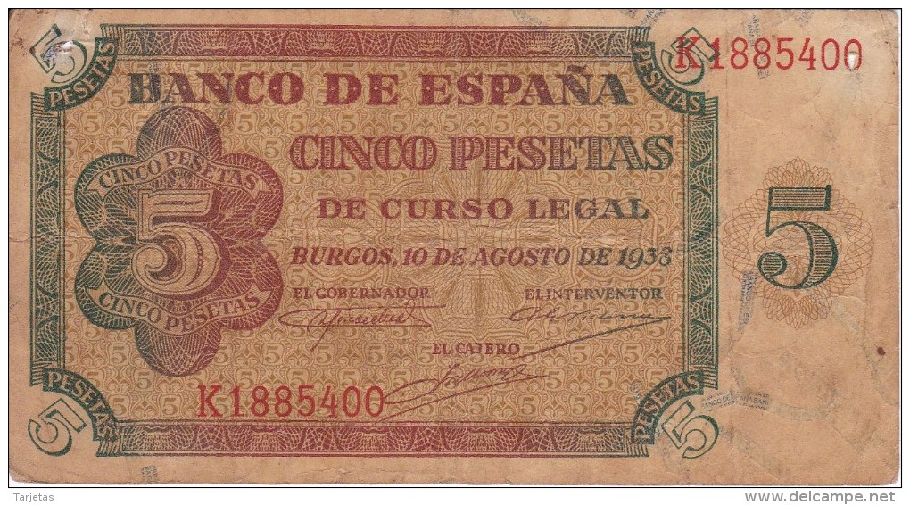 BILLETE DE ESPAÑA DE 5 PTAS DE BURGOS DEL AÑO 1938  (BANKNOTE) (agujeros) - 5 Pesetas
