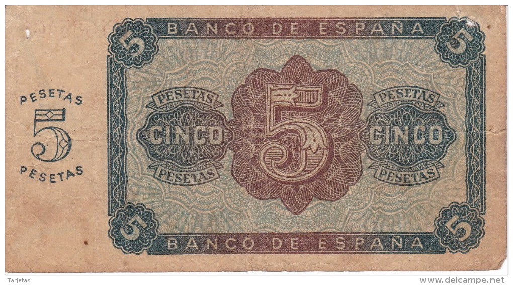 BILLETE DE ESPAÑA DE 5 PTAS DE BURGOS DEL AÑO 1938  (BANKNOTE) (agujeros) - 5 Peseten