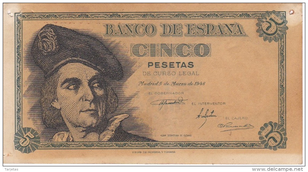 BILLETE DE ESPAÑA DE 5 PTAS DEL 1948 SERIE I CALIDAD RC (BANKNOTE) (agujeros) - 5 Peseten