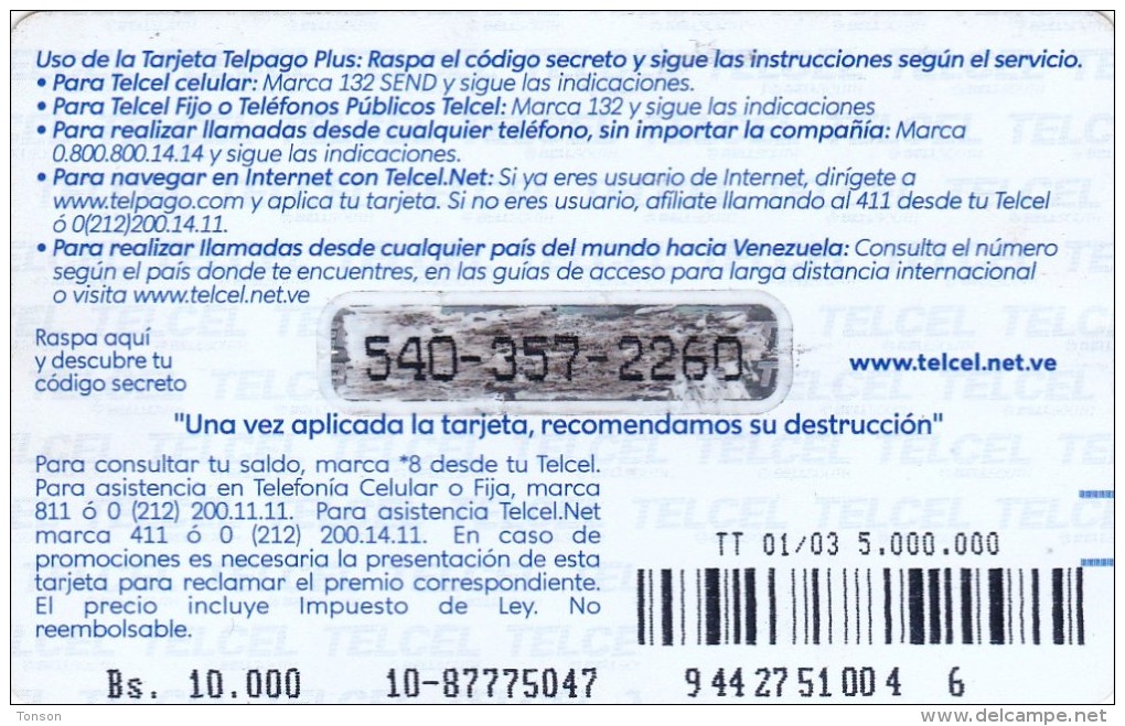 Venezuela, VE-TELCEL-075-02B, 10,000 Bs, Telpago Plus - Erika De La Vega, 2 Scans.      TT 01/03 4.000.000 Big Numbers - Venezuela