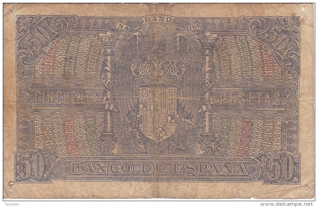 BILLETE DE ESPAÑA DE 50 PTAS DEL 9/01/1940 SERIE A CALIDAD  RC (BANKNOTE) (agujeros) - 50 Pesetas