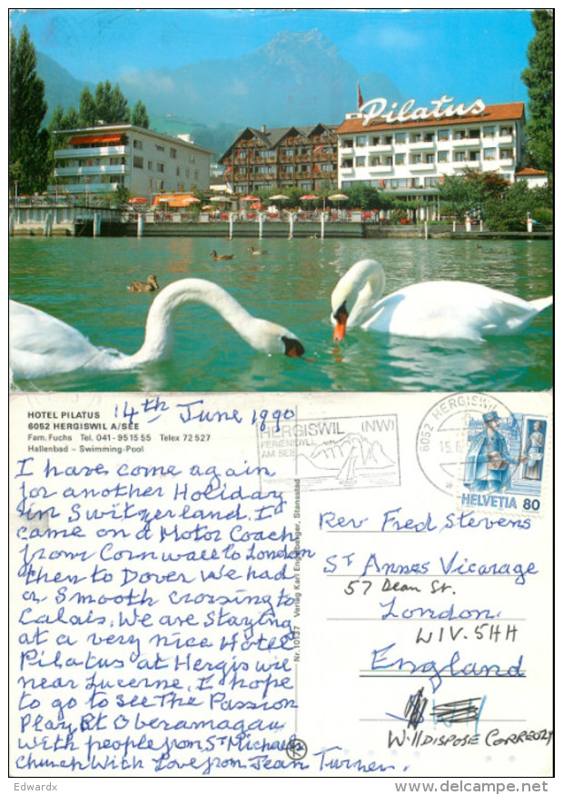 Hotel Pilatus, Hergiswil Am See, NW Nidwalden, Switzerland Postcard Posted 1990 Stamp - Hergiswil