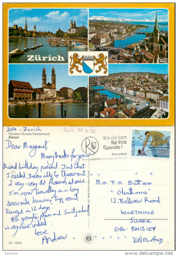 Zurich, ZH Zurich, Switzerland Postcard Posted 1985 Stamp - Zürich