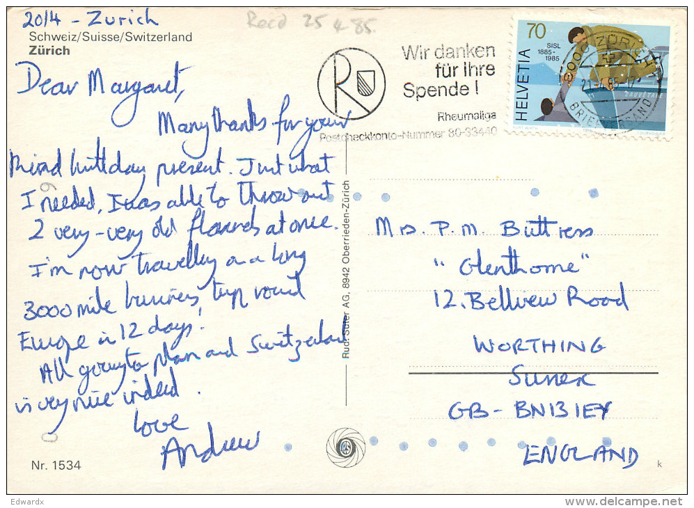 Zurich, ZH Zurich, Switzerland Postcard Posted 1985 Stamp - Zürich