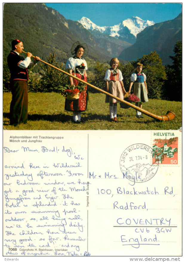 Alpenhorn, Switzerland Postcard Posted 1974 Stamp - Horn