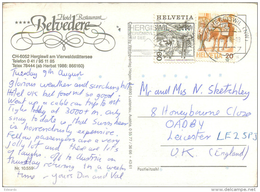 Hotel Restaurant Belvedere, Hergiswil Am See, NW Nidwalden, Switzerland Postcard Posted 1988 Stamp - Hergiswil