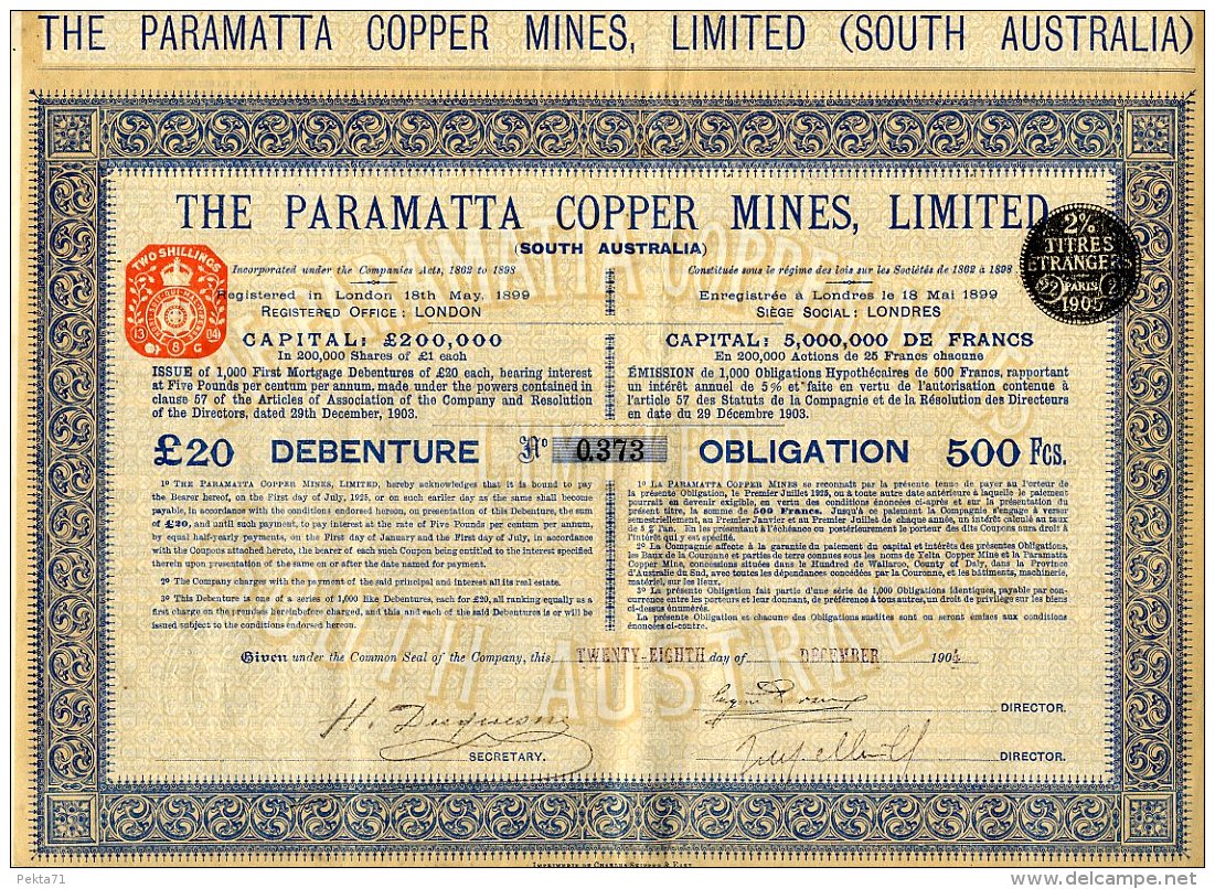 AUSTRALIE / THE PARAMATTA COPPER MINES LIMITED 1904 ( South Australia ) - Mines