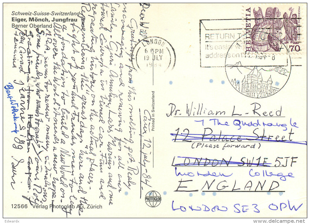 Alpenhorn, Eiger Monch Jungfrau, BE Bern, Switzerland Postcard Posted 1984 Stamp - Bern