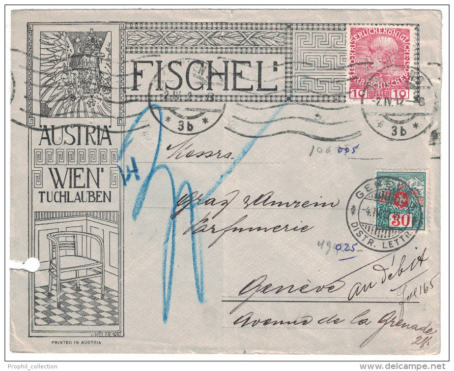 Autriche Austria - 1912 TIMBRE PERFORE Sur LETTRE ILLUSTREE FISCHEL WIEN TUCHLAUBEN Pour La SUISSE Et TAXEE - Covers & Documents