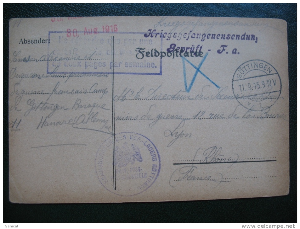 Courrier Prisonnier De Guerre 14-18 En Franchise Camp De Gottingen Allemagne , Lager Göttingen Deutschland - Guerre De 1914-18