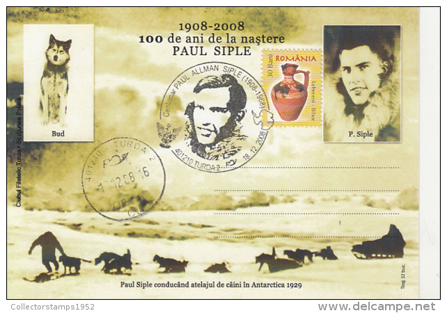 50110- PAUL SIPLE ANTARCTIC EXPEDITION, DOGS, SPECIAL POSTCARD, 2008, ROMANIA - Antarctische Expedities