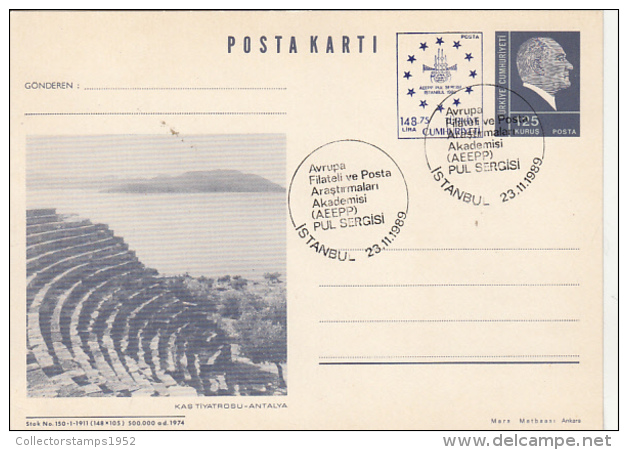 50223- ANTALYA OPEN AIR THEATRE, KEMAL ATATURK, POSTCARD STATIONERY, 1989, TURKEY - Postal Stationery