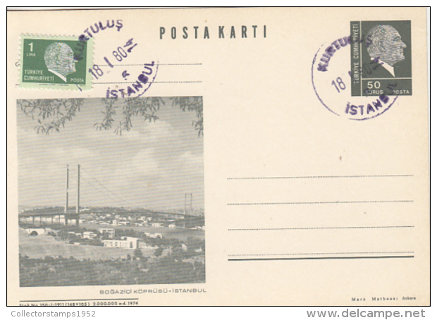 50224- ISTANBUL VIEW, BRIDGE, KEMAL ATATURK, POSTCARD STATIONERY, 1980, TURKEY - Postal Stationery