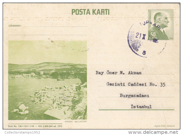 50226- ERDEK VIEW, BOATS, KEMAL ATATURK, POSTCARD STATIONERY, 1975, TURKEY - Postal Stationery