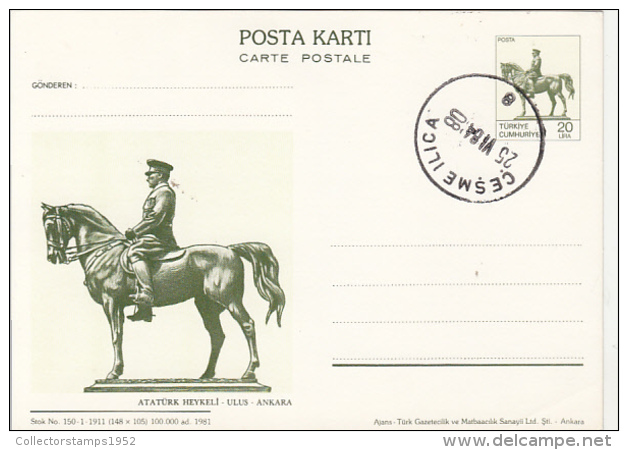 50228- ULUS- KEMAL ATATURK STATUE, POSTCARD STATIONERY, 1984, TURKEY - Postal Stationery