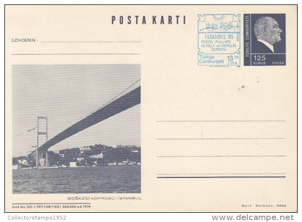 50229- ISTANBUL VIEW, BRIDGE, KEMAL ATATURK, POSTCARD STATIONERY, 1985, TURKEY - Postal Stationery