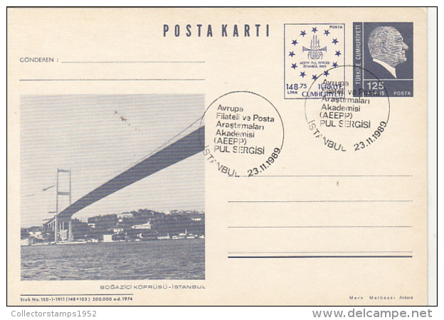 50230- ISTANBUL VIEW, BRIDGE, KEMAL ATATURK, POSTCARD STATIONERY, 1989, TURKEY - Entiers Postaux