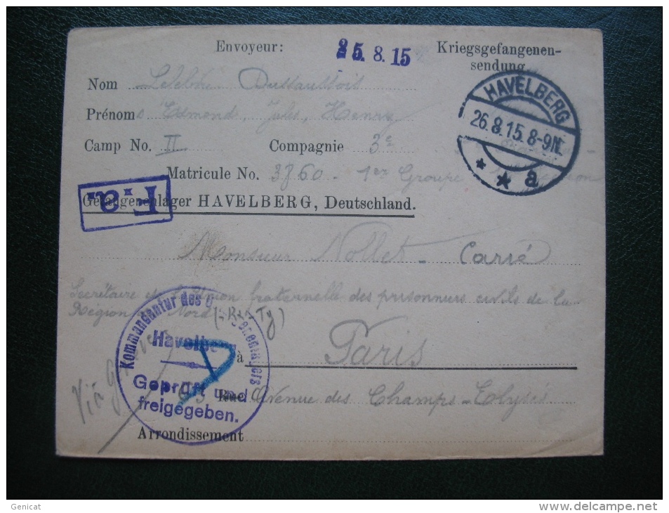 Courrier Prisonnier De Guerre 14-18 En Franchise Camp De Havelberg Allemagne , Lager Havelberg Deutschland - Guerre De 1914-18