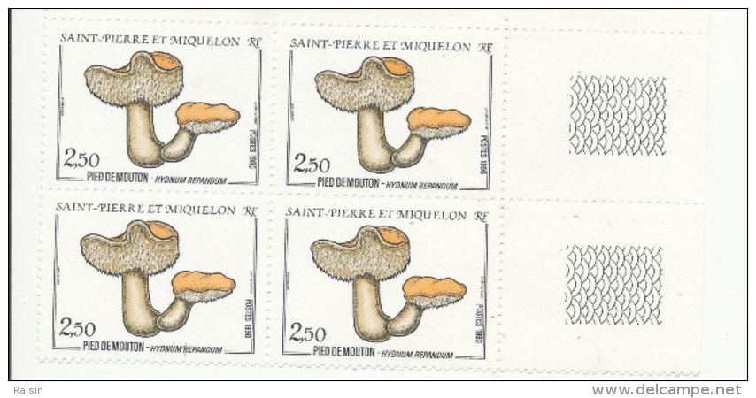 St Pierre Et Miquelon 1990  Champignon Yvert 513 Bloc De 4 Bord De Feuille MNH - Oblitérés