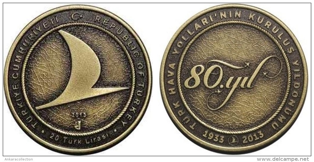 AC - 80th ANNIVERSARY OF TURKISH AIRLINES COMMEMORATIVE OXIDE BRASS COIN TURKEY 2013 UNCIRCULATED - Ohne Zuordnung