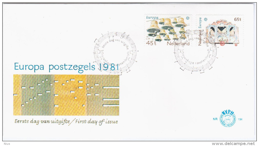 Nederland Netherlands Holland 1981 FDC Europe CEPT, Folklore, Street Organ - Carillon, Music Musik Musique Bell Bells - FDC