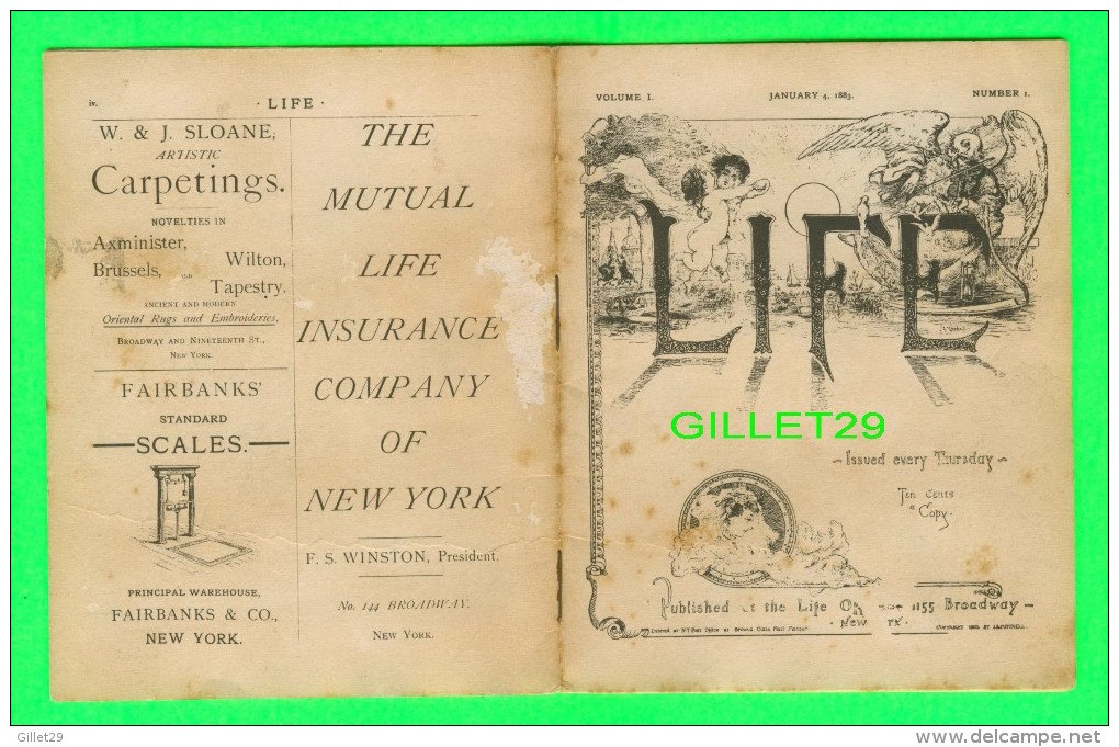 OLD BOOK - LIFE, VOLUME 1, NUMBER 1, JANUARY 4, 1883 - 16 PAGES - PUBLICATIONS OF HENRY HOLT & CO - - 1850-1899