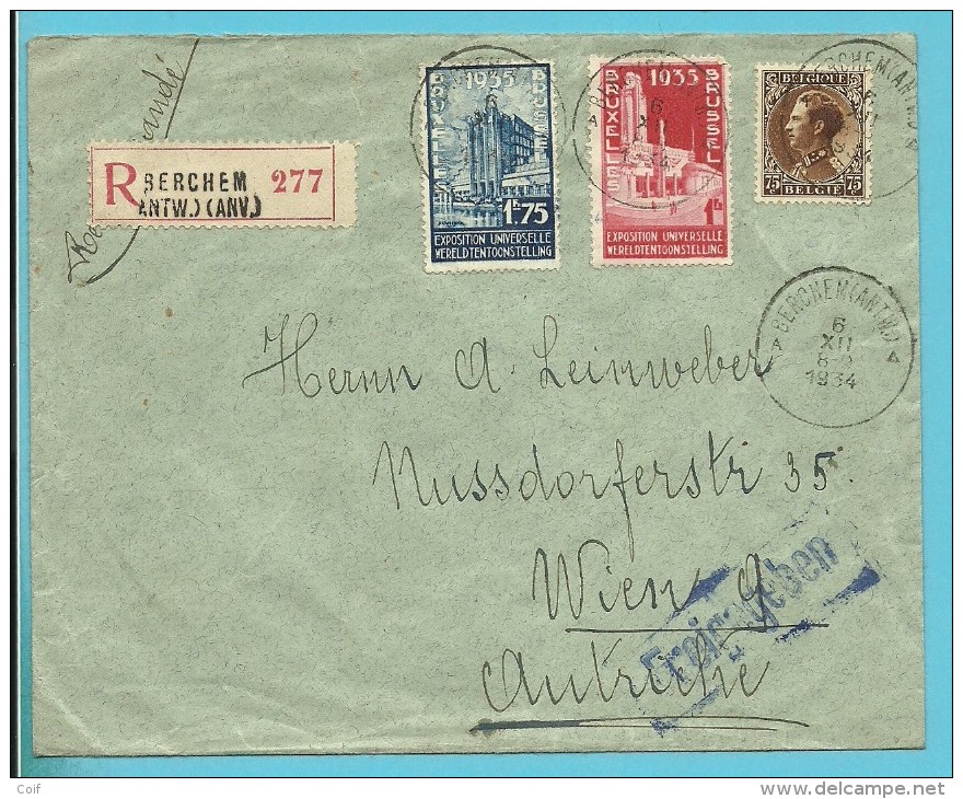 387+389+402 Op Brief Aangetekend Met Stempel BERCHEM (ANTW.)(ANV.) Naar Wien (Autriche), Stempel FREIGEGEBEN - 1934-1935 Leopold III