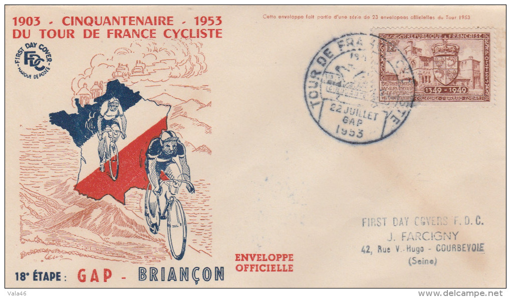 FRANCE  THEME CYCLISME  ENVELOPPE OBLITEREE  TOUR DE FRANCE 18è ETAPE GAP 19531953 - Cycling
