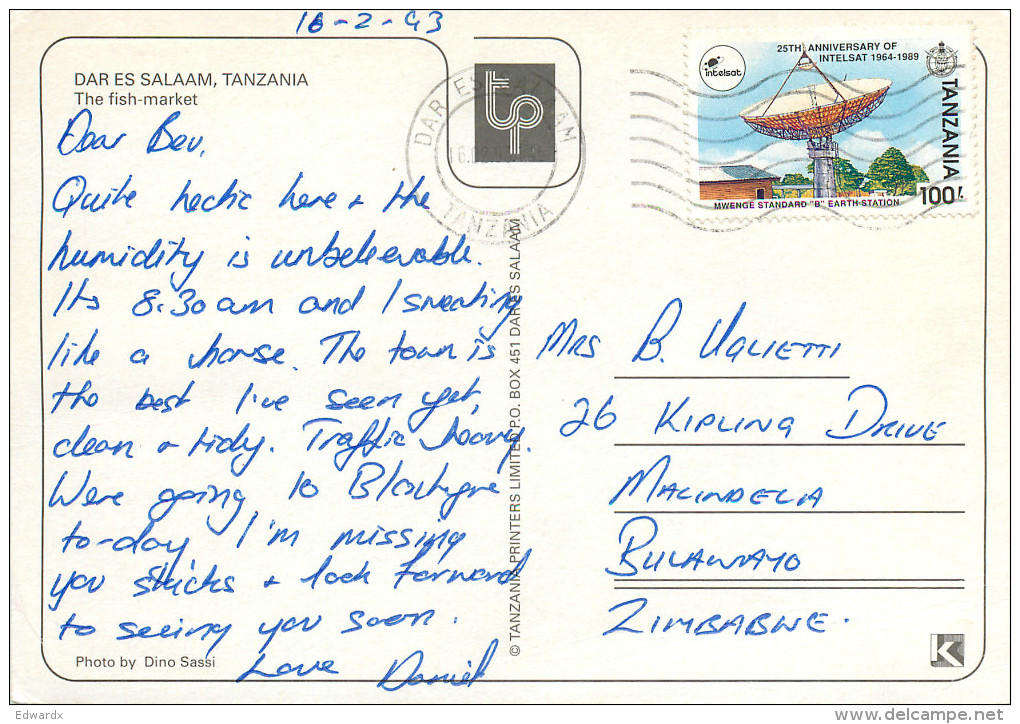 Fish Market, Dar Es Salaam, Tanzania Postcard Posted 1993 Stamp - Tanzanie