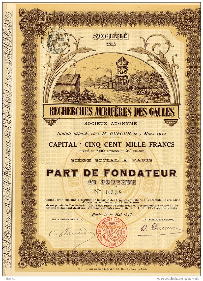 SOCIETE DE RECHERCHES AURIFERES DES GAULES 1912 - Mines