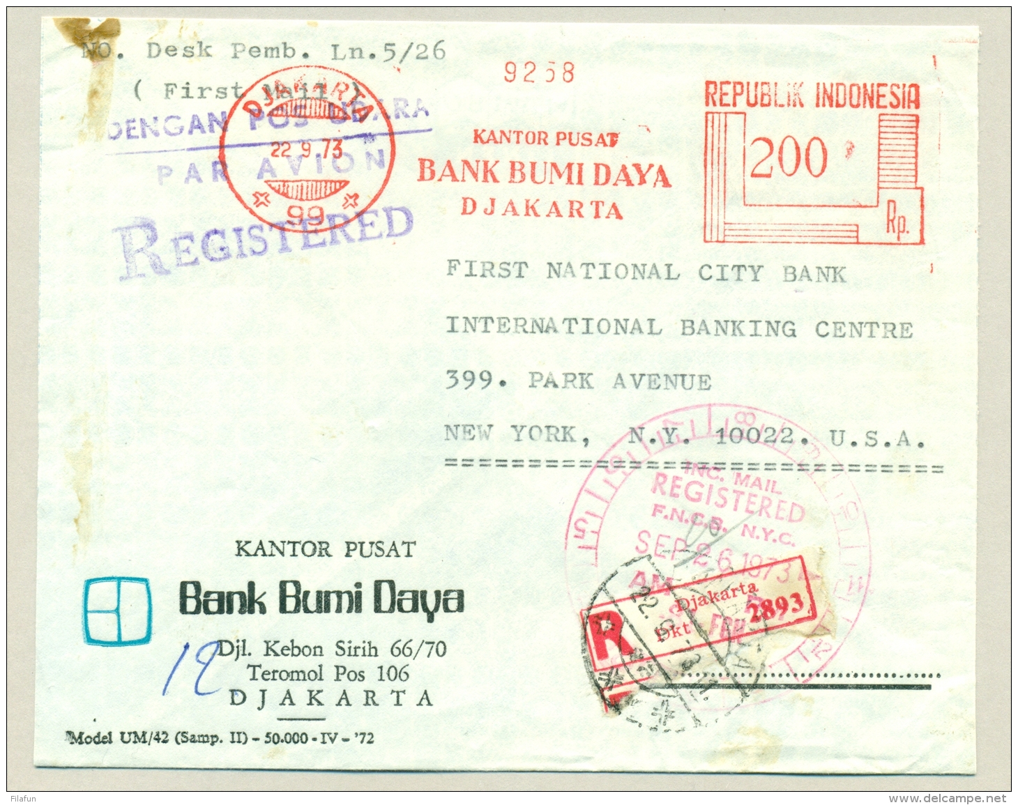 Indonesia - 1973 - Metermark / Roodfrankering Bank Bumi Daya On R-cover To New York - Indonesië