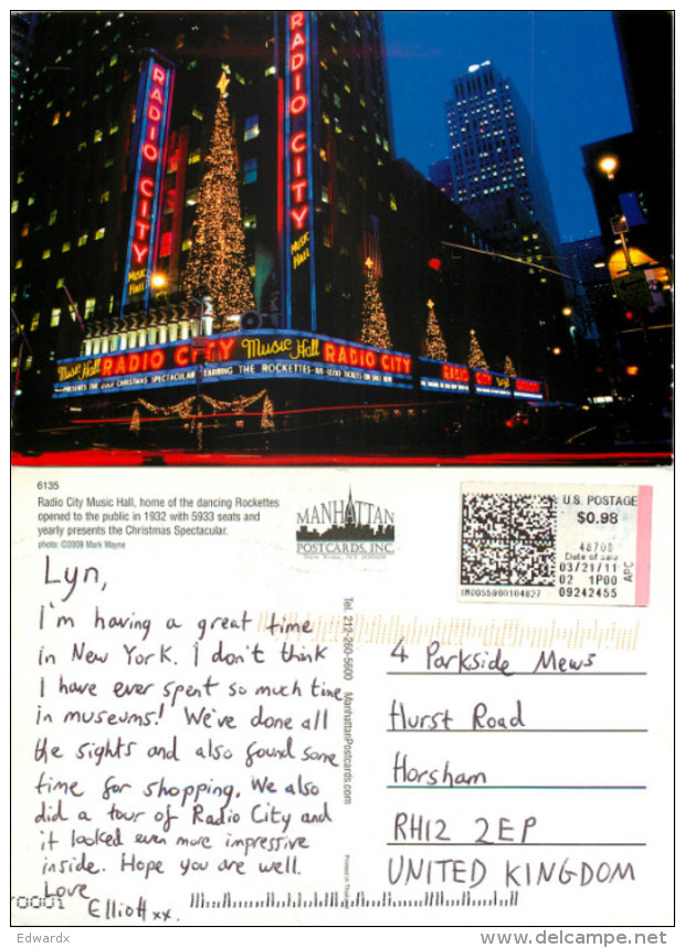 Radio City Music Hall, New York City NYC, New York, United States US Postcard Posted 2011 ATM Meter - Andere & Zonder Classificatie