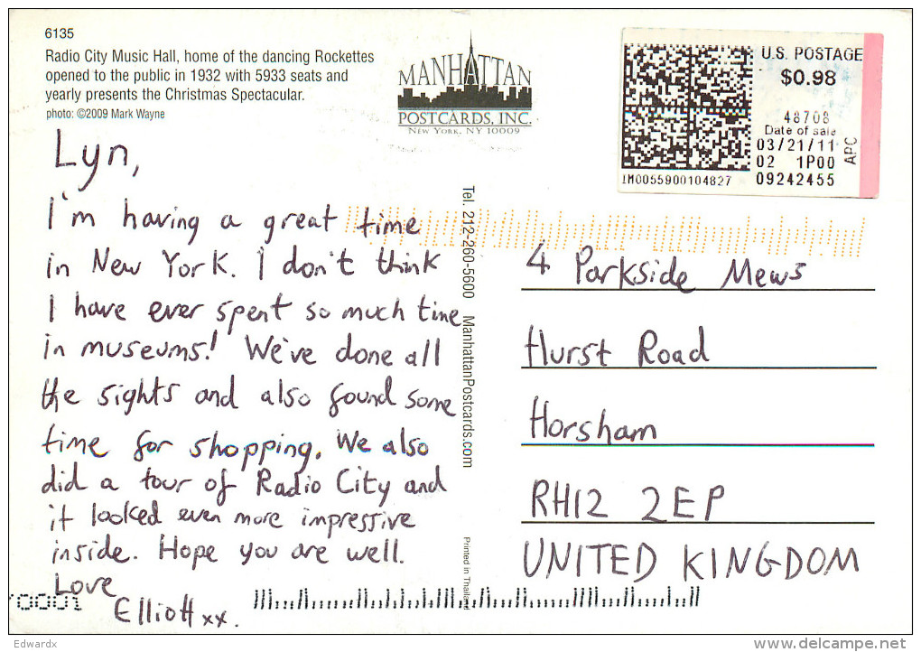 Radio City Music Hall, New York City NYC, New York, United States US Postcard Posted 2011 ATM Meter - Sonstige & Ohne Zuordnung