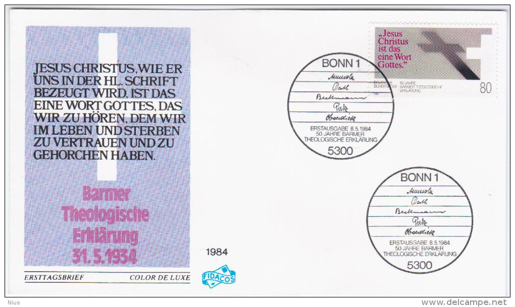 Germany Deutschland 1984 FDC 50 Jahre Barmer Theologische Erklärung, Canceled In Bonn - 1981-1990