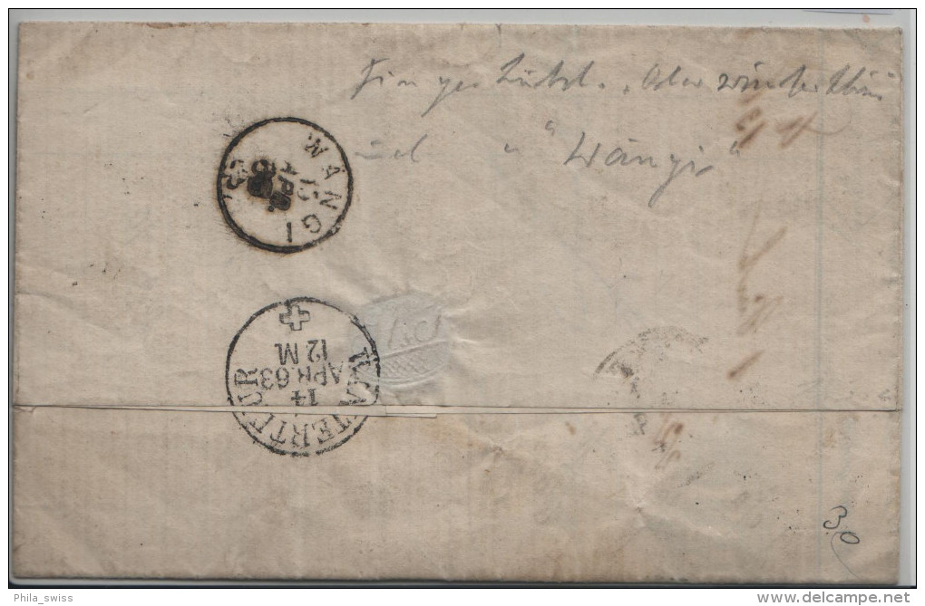 1863 Sitzende Helvetia/Helvétie Assise 31/23 - Fingerhutstempel Oberwinterthur & Wängi (Stahel & Jaeggli) - Lettres & Documents