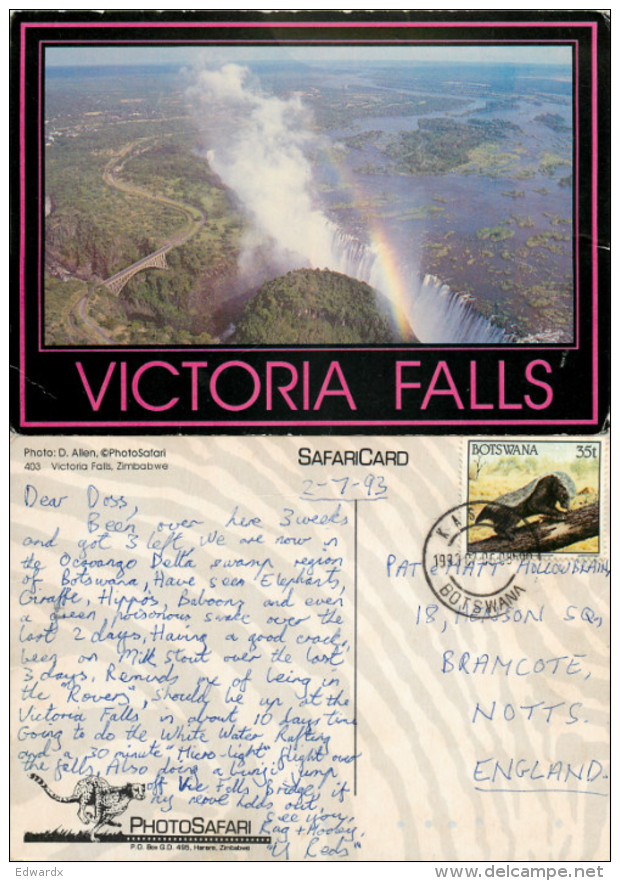 Victoria Falls, Botswana Postcard Posted 1993 Stamp - Botswana