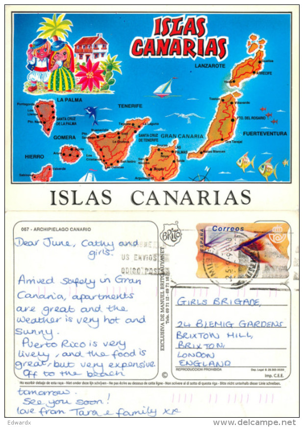 Map, Canary Islands, Spain Postcard Posted 1995 ATM Meter - Sonstige & Ohne Zuordnung