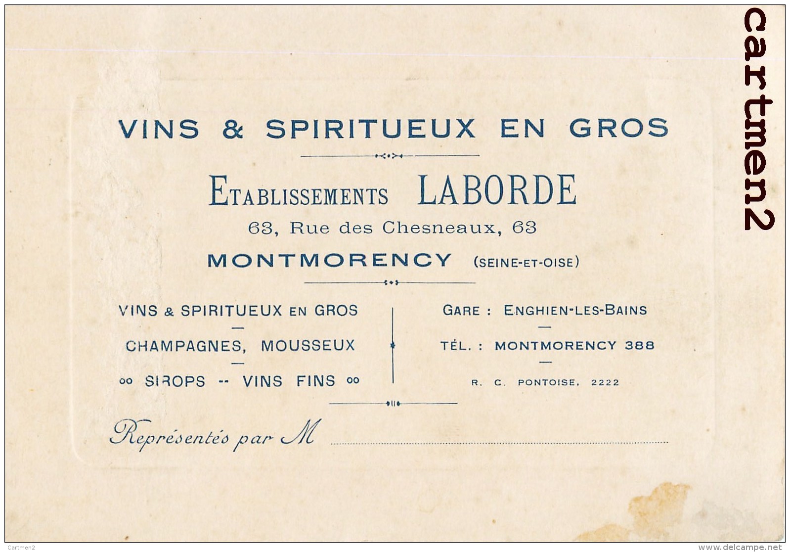 MONTMORENCY ETABLISSEMENTS LABORDE 63 RUE CHESNEAUX CARTE DE VISITE - Tarjetas De Visita